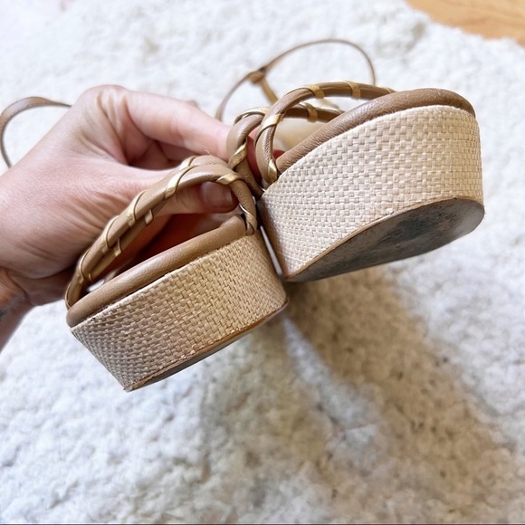 Kate Spade Tan Metallic Gold Straw Block Platform Wedge Sandals Size 7.5 - Picture 5 of 11